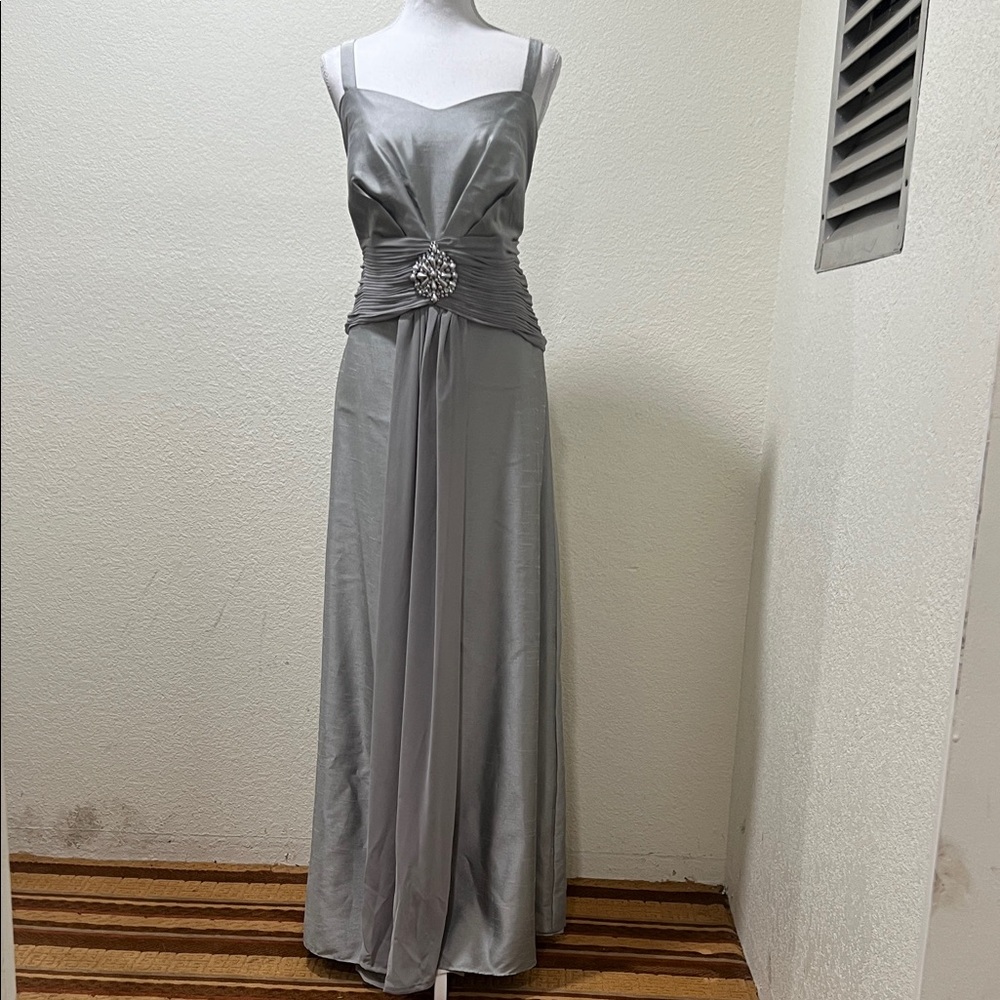 Jessica Howard Silver Satin Maxi Dress with Jeweled Waist